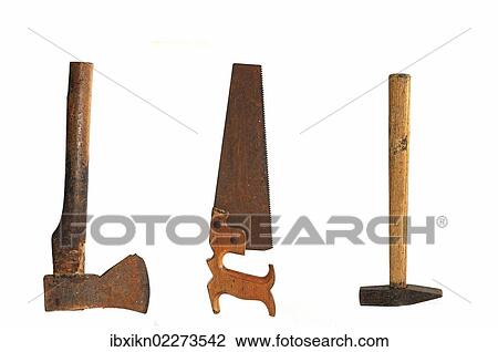 Stock Image - "Old tools, axe, saw, hammer". Fotosearch
