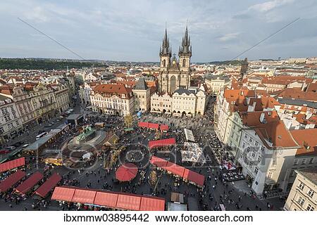 Stock Image - "Old Town Square with a market and Tyn Church, Church of Our Lady in front of Tyn, Old Town quarter, Prague, Czech Republic, Europe". Fotosearch