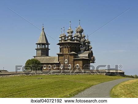 Stock Image - "Old wooden church, UNESCO World Heritage Site, Kizhi Pogost, Kizhi island, Lake Onega, Karelia, Russia, Europe". Fotosearch