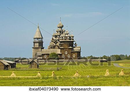 Stock Image - "Old wooden church, UNESCO World Heritage Site, Kizhi Pogost, Kizhi island, Lake Onega, Karelia, Russia, Europe". Fotosearch