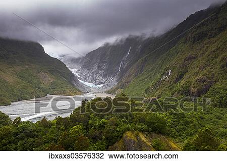 Stock Image - "Outflow of the glacier tongue of the Franz Josef Glacier, Franz Josef Glacier, Westland National Park, West Coast Region, New Zealand, Oceania". Fotosearch