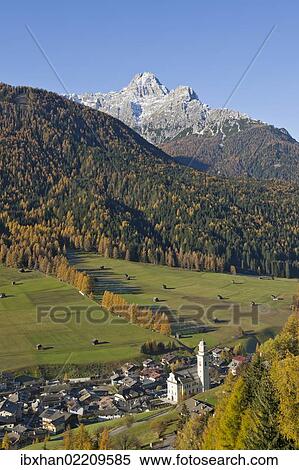 Stock Photography - "Overlooking the town of Sesto, Sexten, with Croda dei Baranci or Birkenkofel mountain, South Tyrol, Italy, Europe". Fotosearch