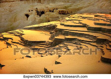 Stock Image - "Pamukkale travertine terraces, at sunset, Pamukkale, Denizli Province, Aegean Region, Turkey, Asia". Fotosearch