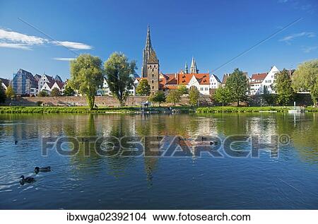 Picture - "Panorama across the Danube River towards Ulm with Ulm Minster and Metzgerturm, Butchers Tower, Baden-Wuerttemberg, Germany, Europe, PublicGround, Europe". Fotosearch