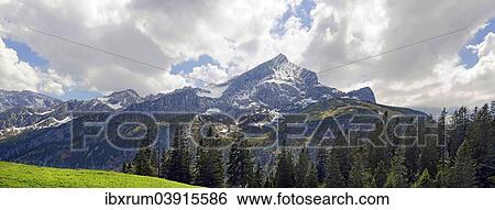 Stock Photograph - "Panorama at Kreuzeck with Alpspitze and Zugspitze massif, Kreuzeckgruppe, Garmisch-Partenkirchen District, Upper Bavaria, Bavaria, Germany, Europe". Fotosearch