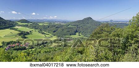 Stock Photo - "Panorama view, from Hornberg ob the the Kaiser mountains Stuifen and Hohenstaufen, Swabian Jura, Baden Wuerttemberg, Germany, Europe". Fotosearch