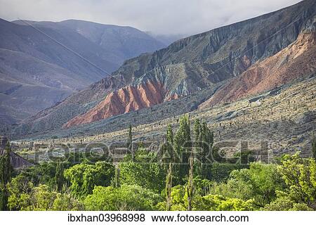 Stock Photo - "Panoramic, lush vegetation at the Purmamarca river, behind Cerro de los Siete Colores or Hill of Seven Colors in Purmamarca, Jujuy Province, Argentina, South America". Fotosearch