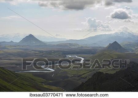 "Panoramic mountain landscape near Alftavatn lake with a wild river, view from Bratthals Mountain, Laugavegur trekking route, Highlands, Suourland, Iceland, Europe" View Large Photo Image Stock Image - "Panoramic mountain landscape near Alftavatn lake with a wild river, view from Bratthals Mountain, Laugavegur trekking route, Highlands, Suourland, Iceland, Europe". Fotosearch