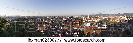 Stock Photo - "Panoramic view from Schlossberg, castle hill, cathedral, left, Town Hall, centre, Mariahilferkirche, Mariahilf Church, right, Graz, Styria, Austria, Europe, PublicGround, Europe". Fotosearch