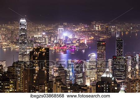 Stock Photo - "Panoramic view from Victoria Peak across the high-rise buildings at night, Central District, Hong Kong, China, Asia". Fotosearch
