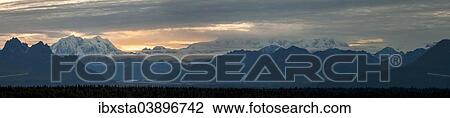 "Panoramic view in the evening, mountain range with Mt McKinley or Denali, Alaska Range, Alaska, United States, North America" View Large Photo Image Stock Image - "Panoramic view in the evening, mountain range with Mt McKinley or Denali, Alaska Range, Alaska, United States, North America". Fotosearch