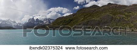 "Panoramic view of Lago Nordenskjold, Lake Nordenskjold, in front of the mountains Cuernos del Paine in the Torres del Paine National Park, Magallanes Region, Patagonia, Chile, South America, Latin America, America, South America" View Large Photo Image Picture - "Panoramic view of Lago Nordenskjold, Lake Nordenskjold, in front of the mountains Cuernos del Paine in the Torres del Paine National Park, Magallanes Region, Patagonia, Chile, South America, Latin America, America, South America". Fotosearch