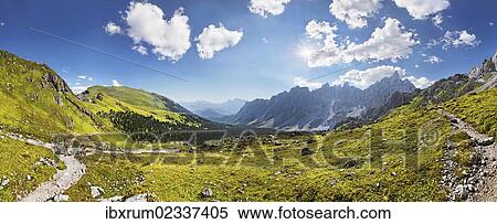 "Panoramic view of the Dolomites high route leading to the Geisler Mountains and to the Val Badia valley or Abteital valley, Puez-Geisler Nature Park, province of Bolzano-Bozen, Italy, Europe" View Large Photo Image Stock Photography - "Panoramic view of the Dolomites high route leading to the Geisler Mountains and to the Val Badia valley or Abteital valley, Puez-Geisler Nature Park, province of Bolzano-Bozen, Italy, Europe". Fotosearch