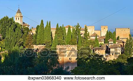 "Panoramic view of the Moorish Islamic Alhambra Palace complex and fortifications. Granada, Andalusia, Spain, Europe" View Large Photo Image Stock Image - "Panoramic view of the Moorish Islamic Alhambra Palace complex and fortifications. Granada, Andalusia, Spain, Europe". Fotosearch