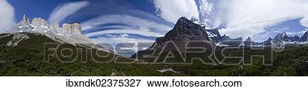 Stock Photo - "Panoramic view of the valley of the Cordillera del Paine mountains, French Valley, Torres del Paine National Park, Magallanes Region, Patagonia, Chile, South America, Latin America, America, South America". Fotosearch