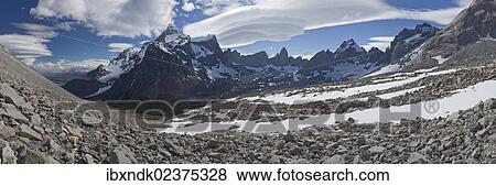Stock Photo - "Panoramic view of the valley of the Cordillera del Paine mountains, French Valley, Torres del Paine National Park, Magallanes Region, Patagonia, Chile, South America, Latin America, America, South America". Fotosearch