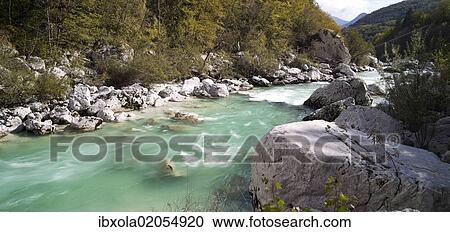 "Panoramic view of turquoise Soca river, Soca Valley near Bovec, Triglav National Park, Slovenia, Europe" View Large Photo Image Stock Image - "Panoramic view of turquoise Soca river, Soca Valley near Bovec, Triglav National Park, Slovenia, Europe". Fotosearch