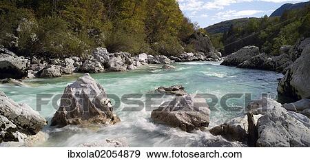 Stock Photo - "Panoramic view of turquoise Soca river, Soca Valley near Bovec, Triglav National Park, Slovenia, Europe". Fotosearch