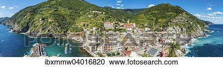 Stock Image - "Panoramic view of Vernazza, La Spezia, Cinque Terre, Liguria, Italy, Europe". Fotosearch