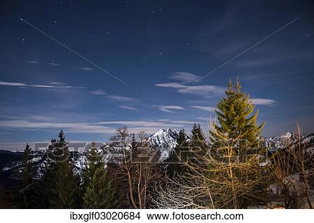 Picture - "Panoramic view with stars, from Mt Bruennstein, Bavarian Alps, Brunnstein, Oberaudorf, Bavaria, Germany, Europe". Fotosearch