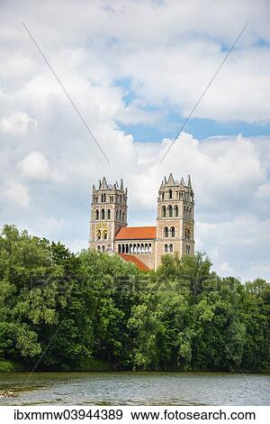 Stock Photo - "Parish church of St. Maximilian with Isar river, Munich, Upper Bavaria, Bavaria, Germany, Europe". Fotosearch