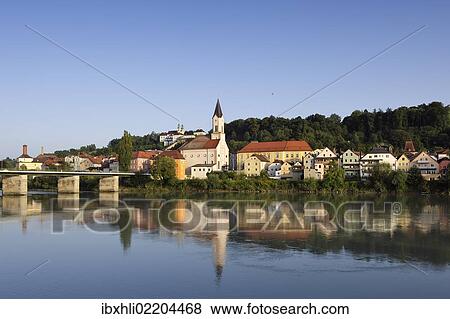 Stock Photo - "Passau, view over the Inn River towards Innstadt with the Church of St. Gertraud and Mariahilf, Marienbruecke bridge, Lower Bavaria, Bavaria, Germany, Europe, PublicGround, Europe". Fotosearch
