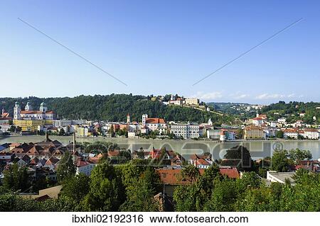 Stock Photograph - "Passau, view over the Inn River with St. Stephen's Cathedral, Church of St. Michael and Veste Oberhaus fortress, Lower Bavaria, Bavaria, Germany, Europe, PublicGround, Europe". Fotosearch