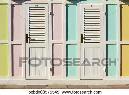 Stock Photography - "Pastel coloured beach cabins, Riccione, Emilia-Romagna region, Italy, Europe". Fotosearch