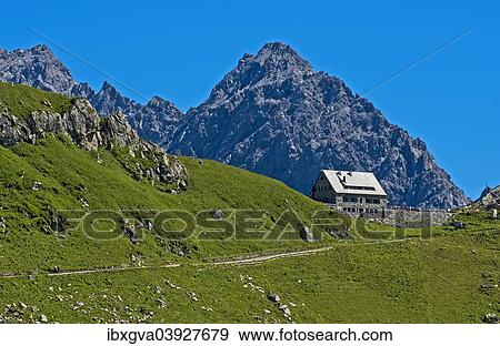 Stock Photo - "Pfalzerhutte refuge of the Liechtenstein Alpine Club, LAV, at Bettlerjoch saddle, Ratikon, Malbun, Principality of Liechtenstein". Fotosearch