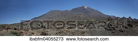 Stock Image - "Pico del Teide volcano, 3718 m, right, and the Pico Viejo volcano, 3135 m, left, panoramic view, Las Canadas, Teide National Park, UNESCO World Heritage Site, Tenerife, Canary Islands, Spain, Europe". Fotosearch