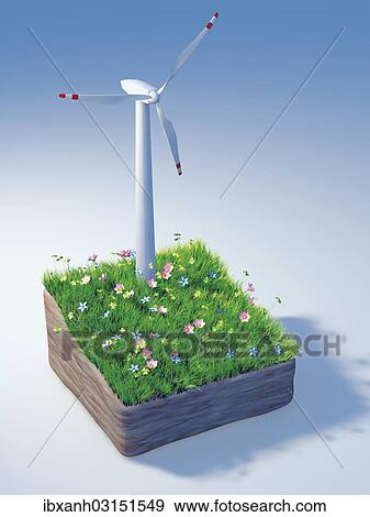 Stock Photo - "Piece of land with a wind turbine and a flowering meadow, illustration". Fotosearch