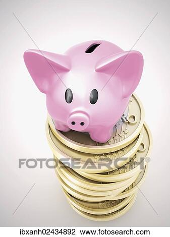 Stock Image - "Piggy bank on a pile of euro coins, 3D illustration". Fotosearch
