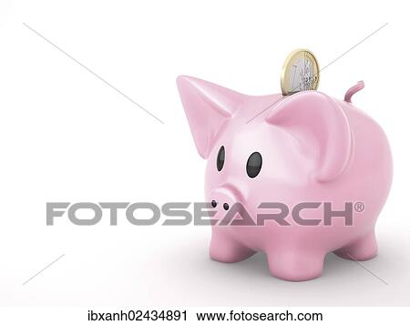 Stock Image - "Piggy bank with a 1 euro coin, 3D illustration". Fotosearch