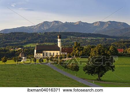 Stock Image - "Pilgrimage church of St. Marinus and Anian in Wilparting, Irschenberg, behind Mangfall mountains, Oberland, Upper Bavaria, Bavaria, Germany, Europe". Fotosearch