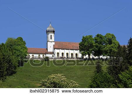 Stock Photography - "Pilgrimage Church of the Assumption, Hohenpeissenberg, Pfaffenwinkel region, Upper Bavaria, Bavaria, Germany, Europe, PublicGround, Europe". Fotosearch