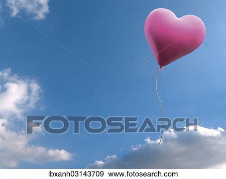 "Pink balloon in heart shape against blue sky with clouds, illustration" View Large Photo Image Stock Photo - "Pink balloon in heart shape against blue sky with clouds, illustration". Fotosearch