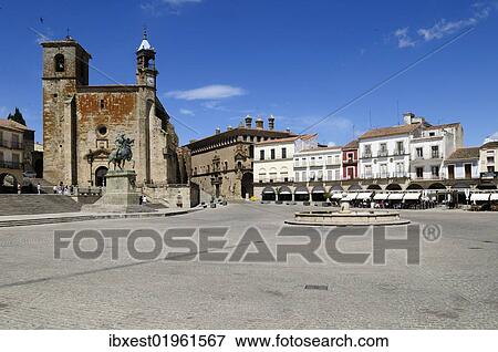 Stock Photo - "Plaza Mayor, city square with San Martin church, Trujillo, Extremadura, Spain, Europe". Fotosearch