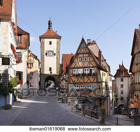 Stock Photo - "Ploenlein road junction with Siebersturm tower and Kobolzeller Tor, Rothenburg ob der Tauber, Romantic Road, Middle Franconia, Franconia, Bavaria, Germany, Europe". Fotosearch