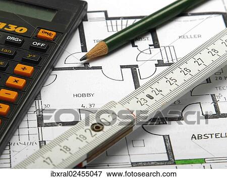"Pocket calculator, pencil and folding rule lying on a plan, construction of a house, planning" View Large Photo Image Stock Photo - "Pocket calculator, pencil and folding rule lying on a plan, construction of a house, planning". Fotosearch