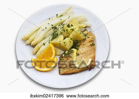 Pollack fillet with asparagus and potatoes View Large Photo Image Stock Photograph - Pollack fillet with asparagus and potatoes. Fotosearch