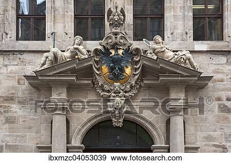 "Portal of the west facade with imperial eagle and goddesses, right Prudentia, left Justitia, by Leonhard Kern, Renaissance, ca. 1620, Nuremberg, Middle Franconia, Bavaria, Germany, Europe" View Large Photo Image Stock Photo - "Portal of the west facade with imperial eagle and goddesses, right Prudentia, left Justitia, by Leonhard Kern, Renaissance, ca. 1620, Nuremberg, Middle Franconia, Bavaria, Germany, Europe". Fotosearch