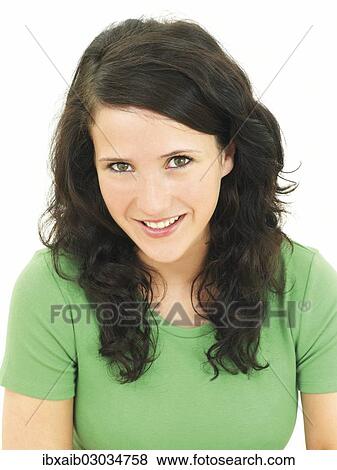 Stock Photo - "Portrait, young woman wearing a green shirt". Fotosearch