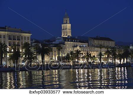 "Promenade with the tower of the Cathedral of Saint Domnius, also Saint Dujam or Saint Duje Cathedral, 10th century, at dusk, Adriatic, Split, Split-Dalmatia County, Croatia, Europe" View Large Photo Image Stock Photo - "Promenade with the tower of the Cathedral of Saint Domnius, also Saint Dujam or Saint Duje Cathedral, 10th century, at dusk, Adriatic, Split, Split-Dalmatia County, Croatia, Europe". Fotosearch