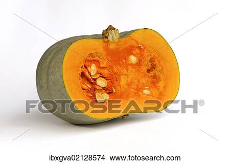 Picture - "Pumpkin, squash, cut open, variety Bleu d'Hongrie". Fotosearch