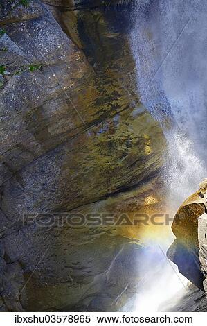 Stock Photography - "Rainbow in a waterfall at Gelmerstausee reservoir, Guttannen, Canton of Bern, Switzerland, Europe". Fotosearch