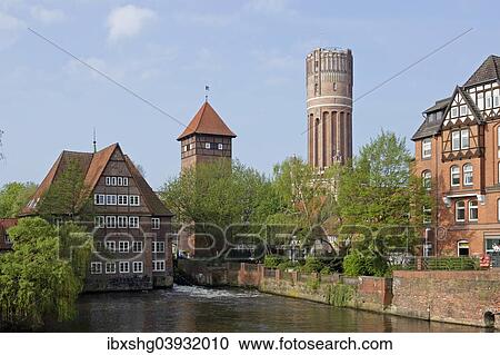 Stock Image - "Ratsmuhle mill, water tower, Luneburg, Lower Saxony, Germany, Europe". Fotosearch