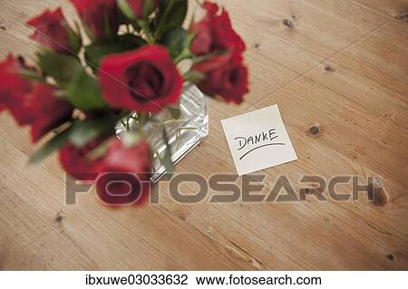 "Red roses in vase with the note """"danke"""", German for """"thank you"""", Mannheim, Baden-Wurttemberg, Germany, Europe" View Large Photo Image Stock Image - "Red roses in vase with the note """"danke"""", German for """"thank you"""", Mannheim, Baden-Wurttemberg, Germany, Europe". Fotosearch