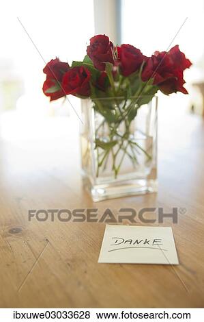 "Red roses in vase with the note """"danke"""", German for """"thank you"""", Mannheim, Baden-Wurttemberg, Germany, Europe" View Large Photo Image Stock Photo - "Red roses in vase with the note """"danke"""", German for """"thank you"""", Mannheim, Baden-Wurttemberg, Germany, Europe". Fotosearch
