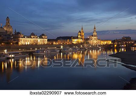 Stock Photo - "Reflection of the historic city centre of Dresden in the Elbe River in the evening light, Saxony, Germany, Europe". Fotosearch