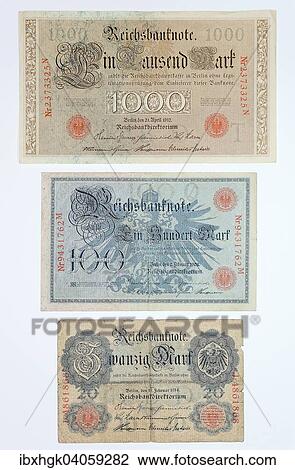 "Reichsbank bank notes, one thousand marks, 1910, one hundred marks, 1908, twenty marks, 1914, front" View Large Photo Image Stock Image - "Reichsbank bank notes, one thousand marks, 1910, one hundred marks, 1908, twenty marks, 1914, front". Fotosearch